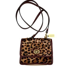 Coach Mini Pony Hair Leopard Print Turnlock Crossbody Burgundy Leather Gold Tag